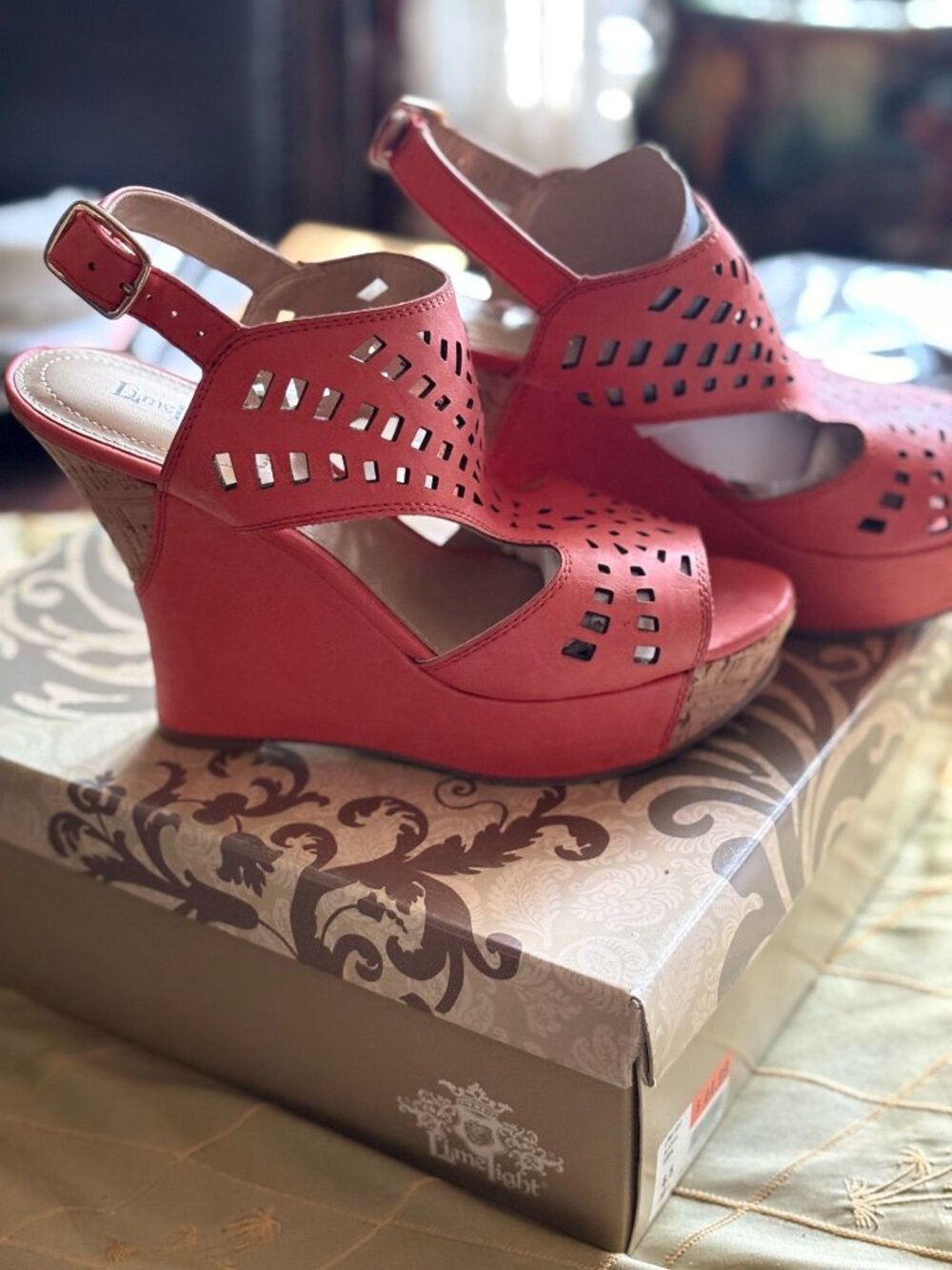 Limelight Alaycia Coral Pink Geometric Cut Out Cork Platform Wedge Sandals 8.5